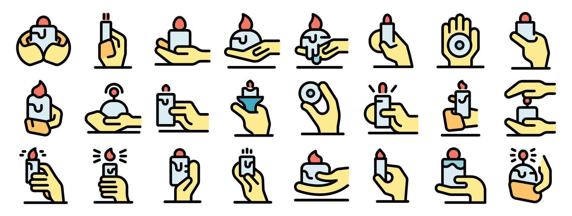 Hands holding lighters and candles icons set, illustration of burning flames and heat sources vector