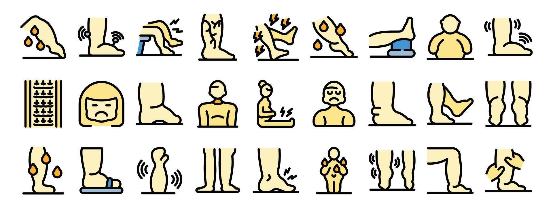 Leg pain and swelling medical icons showing symptoms and treatment of varicose veins vector