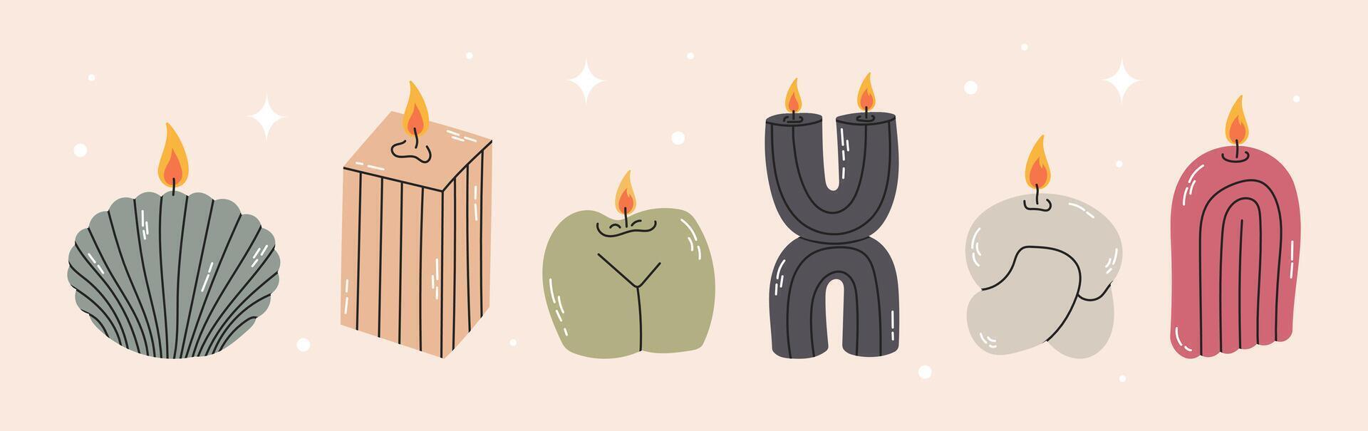 Decorative Christmas candles. Hand drawn wax candles. Christmas candles with decorations, xmas scented wax candles flat illustration set. Aroma winter holiday interior decor vector