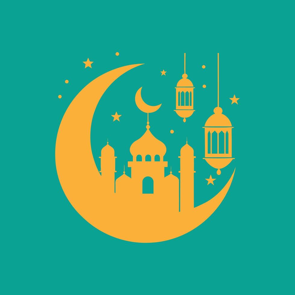 Graceful Crescent and Mosque Skyline with Lanterns for Ramadan vector