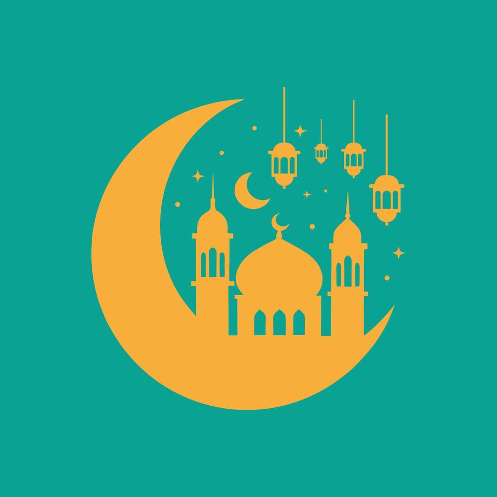 Crescent Moon Holding Mosque and Lanterns, Elegant Ramadan Design vector