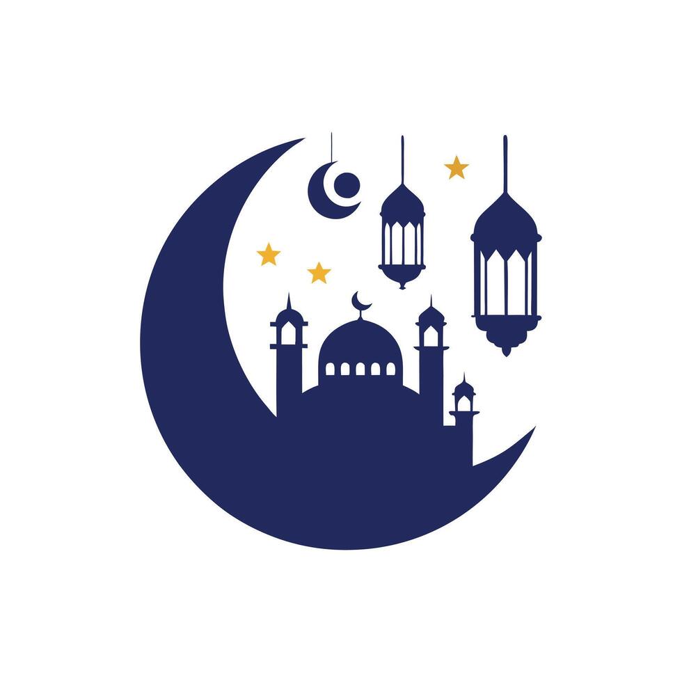 Crescent Moon Embracing Mosque, Stars, and Lanterns Design vector