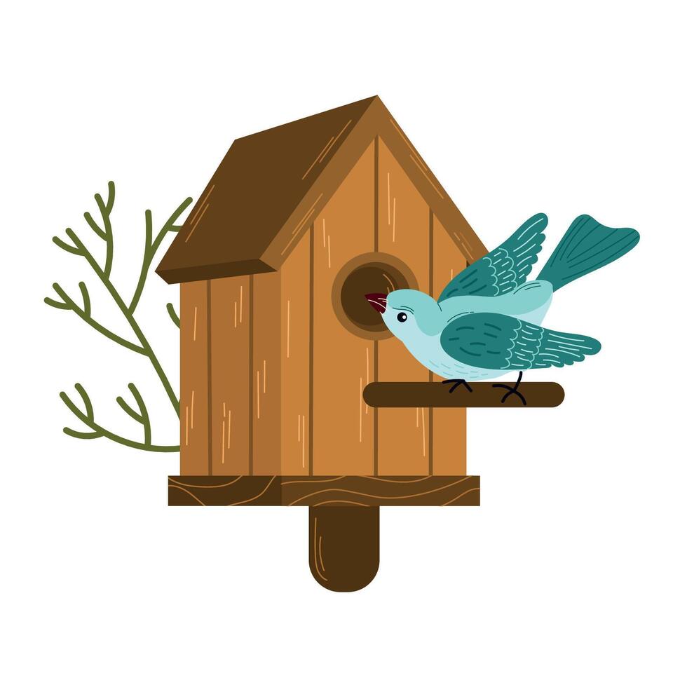 Birdhouse with a bird.Isolated illustration of a birdhouse with a cute bird and budding flowers on a white background, whimsical and inviting, symbolizing spring. vector