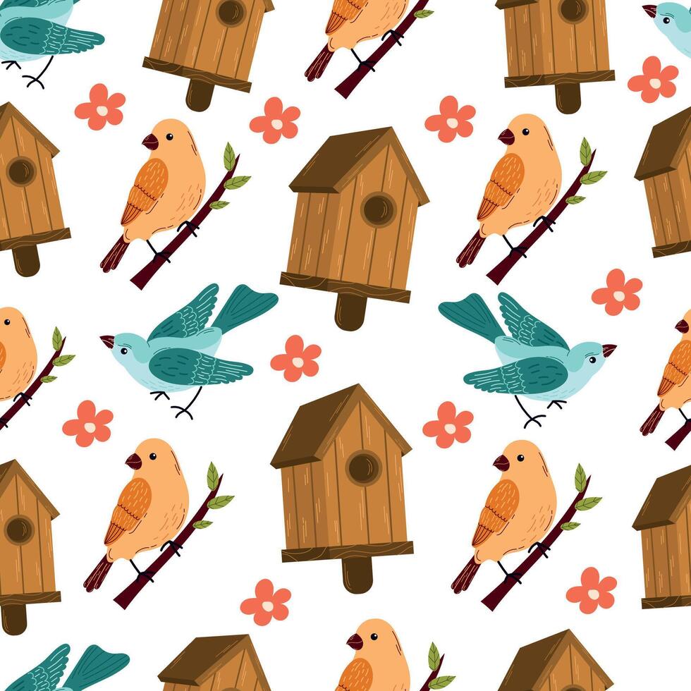 Birdhouse with a bird. Beautiful birdie. Cartoon illustration seamless pattern isolated on white background vector