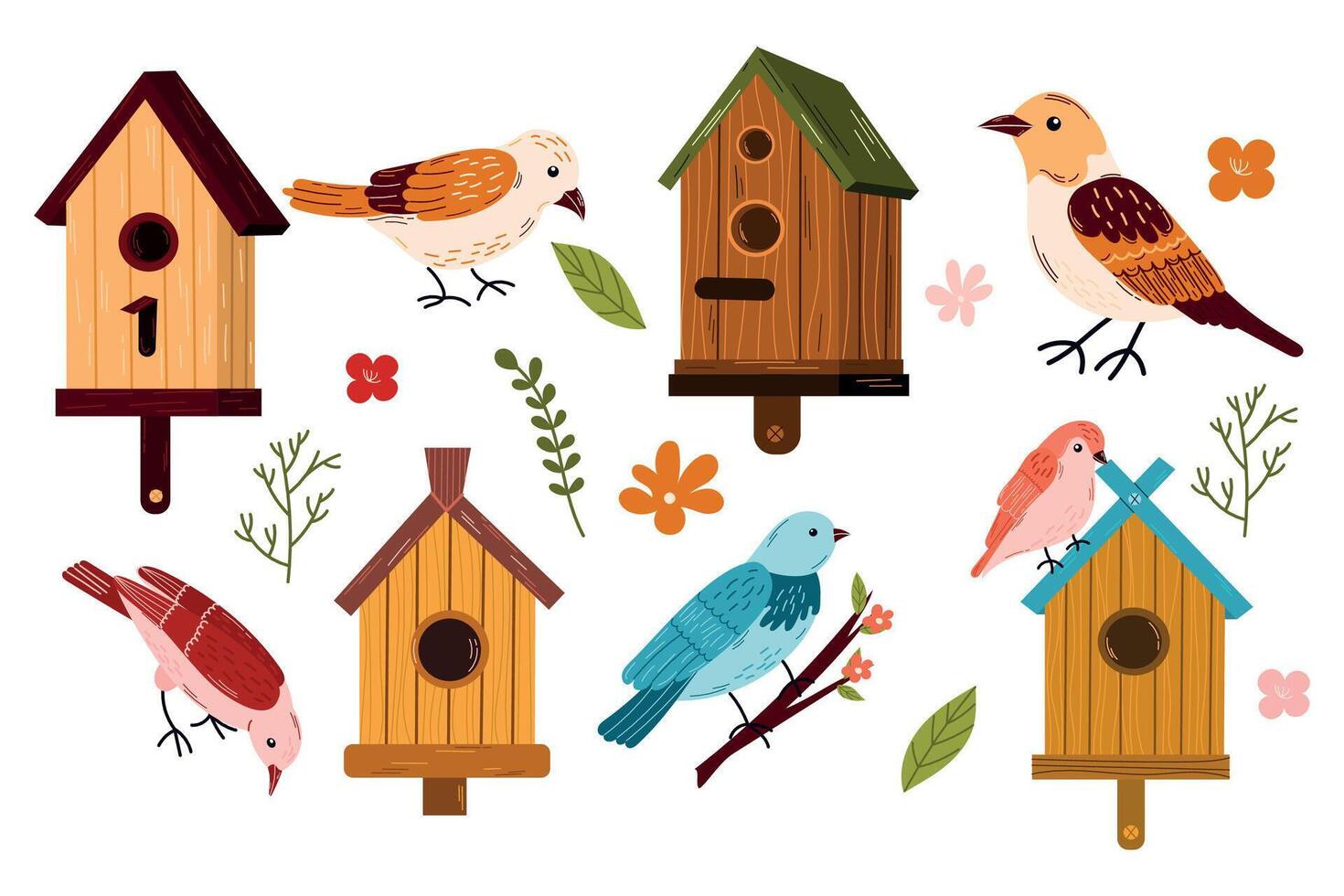 Small set of spring birds and birdhouses.Birdhouse with a bird, homemade nests, feeders and homes, for summer and spring birds. Cartoon cute colorful birdhouses collection, feeder on garden tree vector