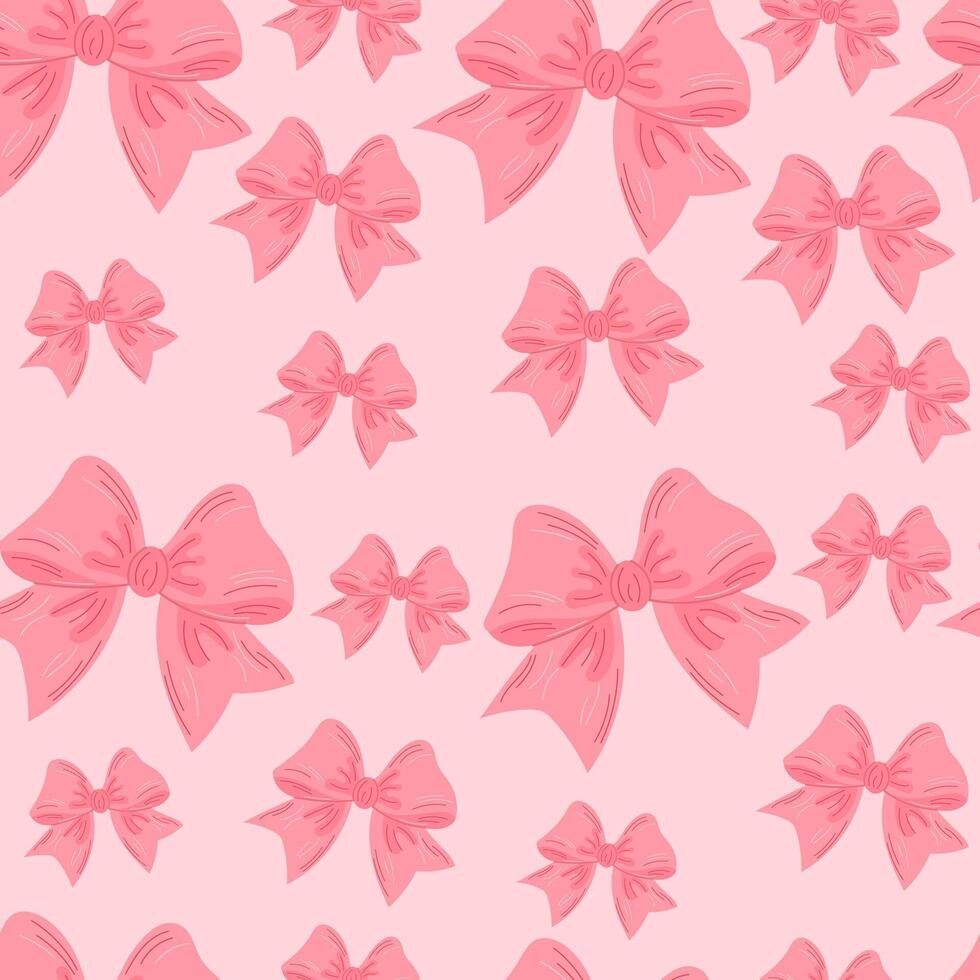 Seamless pattern of pink bows. Gift ribbons on checkered background. Coquette core cute trendy design. Design for wrapping paper, packaging, fabric, textile, home decor, gifts vector
