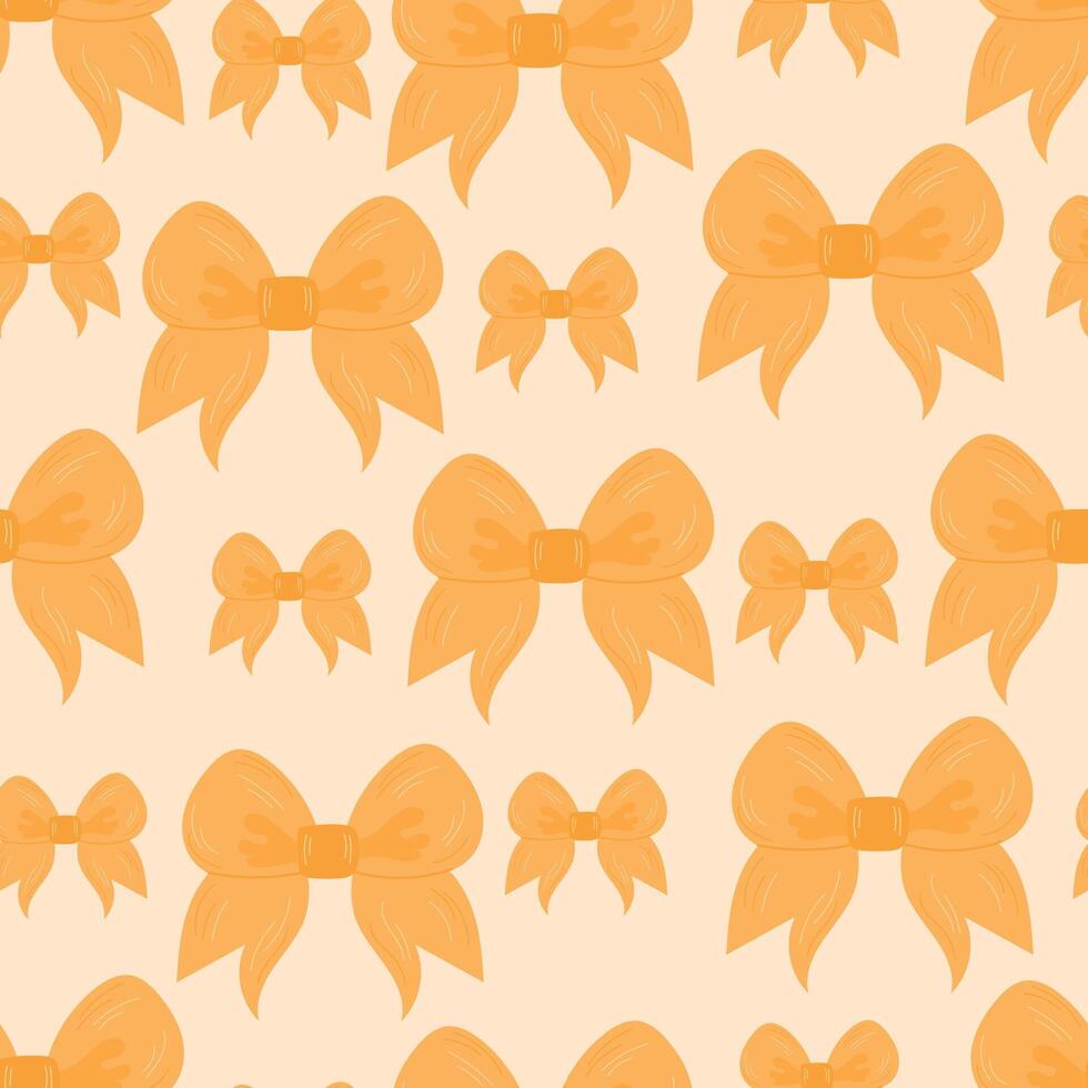 Seamless pattern of yellow bows. Gift ribbons on checkered background. Coquette core cute trendy design. Design for wrapping paper, packaging, fabric, textile, home decor, gifts vector
