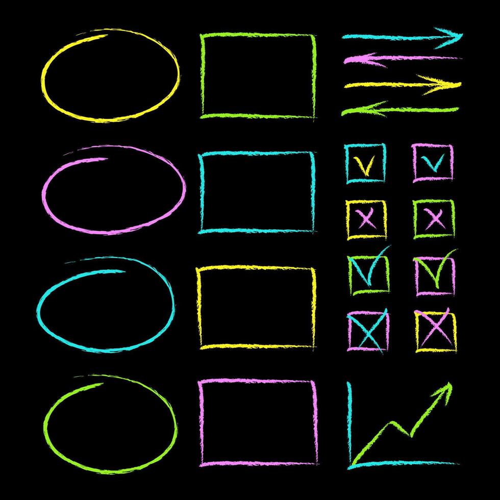 Set of chalk style hand drawn elements. Realistic colorful chalked lines circle, oval and square, arrows, graph and check boxes with tick or cross hand drawings. Business illustration. vector