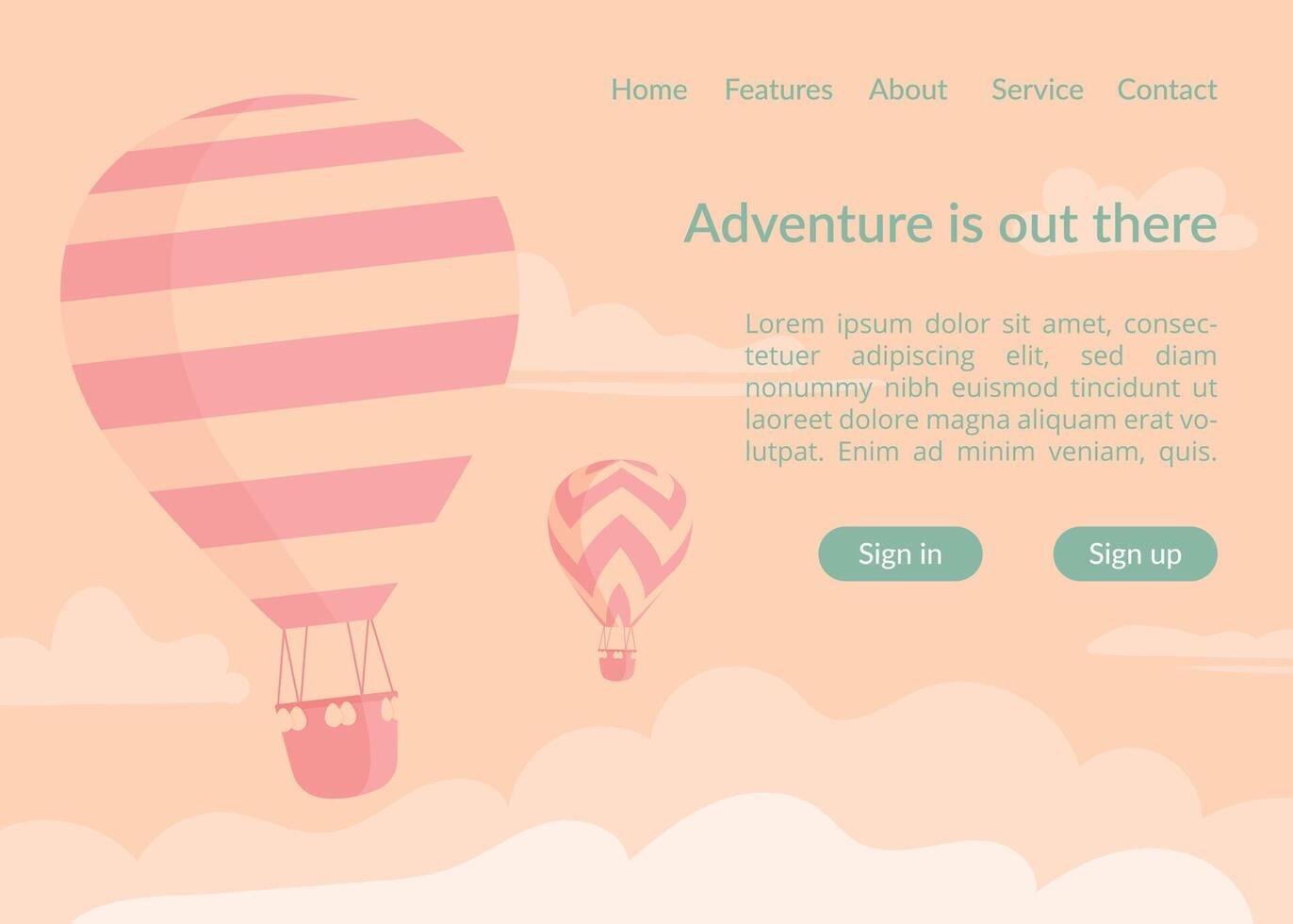 Hot air balloons website landing page template. Two retro duotone style hot air balloons in sky cloud landing web template and adventure travel slogan for sky vacation promotion design. vector