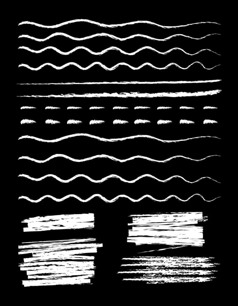 Chalk marker style hand drawn lines set illustration. Collection of wavy, dashed and straight chalked marks in white color isolated on school blackboard for office style design vector