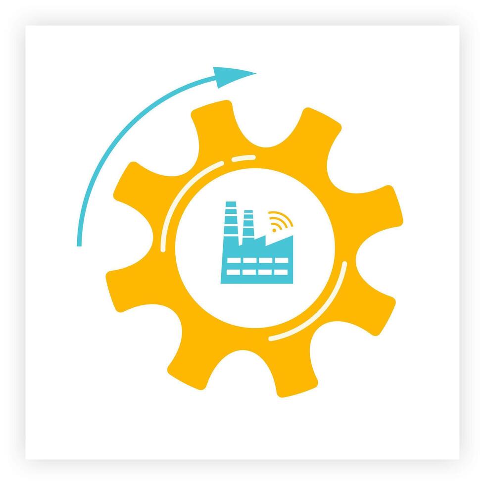 Factory and gear icon industry 4.0 concept illustration. Manufacturing revolution technology graphic with orange cogwheel, blue factory and wireless icon. Smart industry and automation concept vector