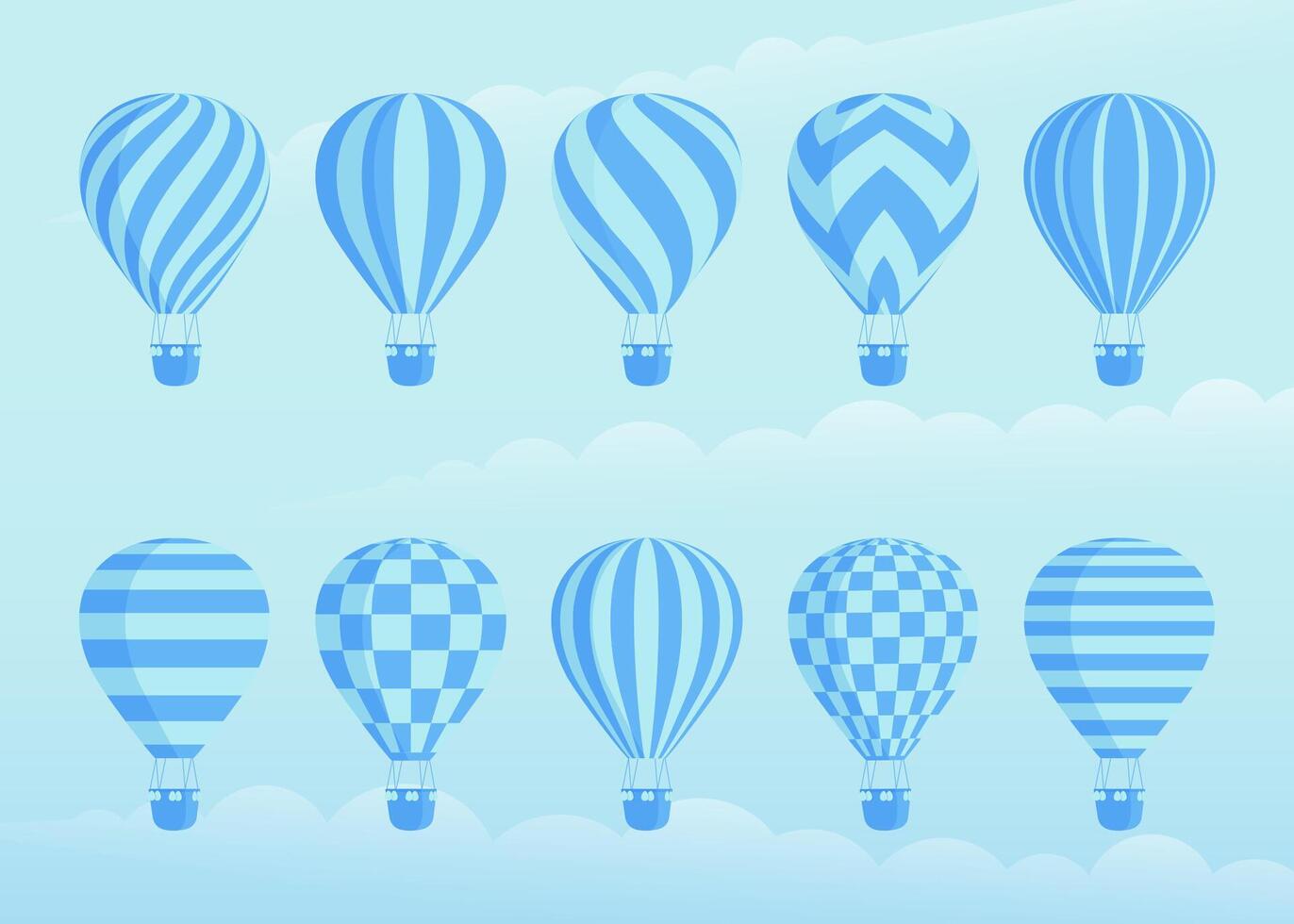 Collection of duotone hot air balloons. Zig zags, wavy lines, striped or checkered patterns on vintage style hot air balloon with basket at cloud background for sky holiday adventure design vector