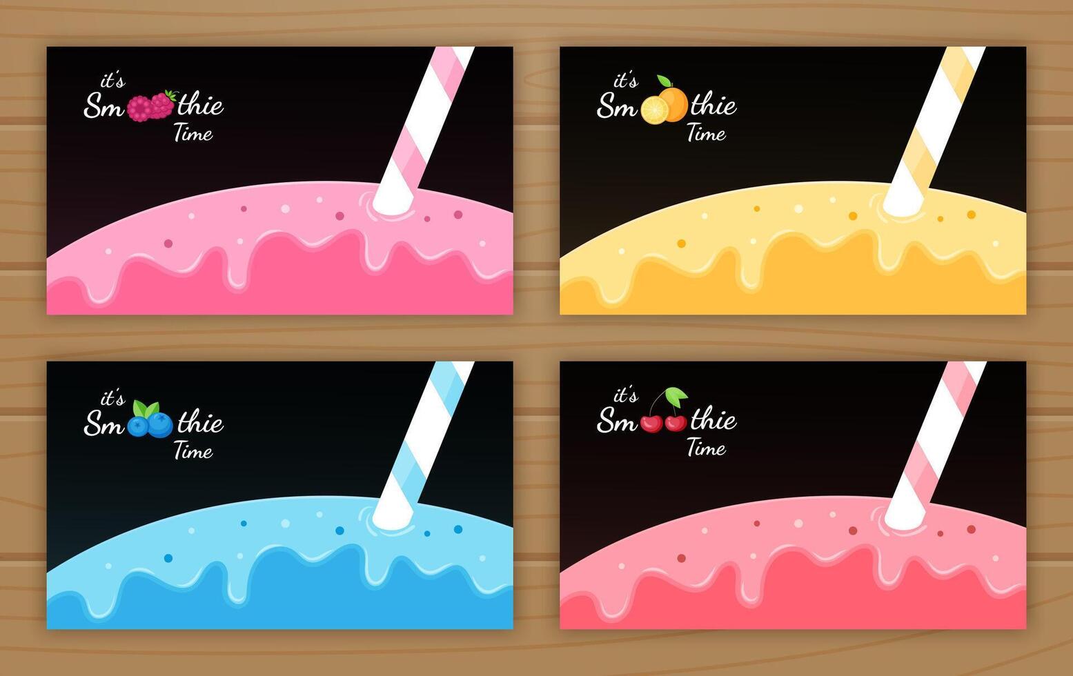 Set of smoothie fruit cocktail flat banner illustration. Tasty natural fruit, straw and colorful layers of smoothies cocktail or tasty ice cream. Smoothie logo for summer season promo banner. vector
