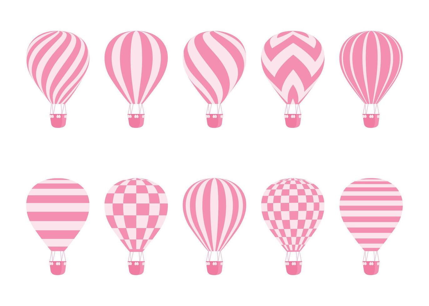 Hot air balloon isolated monochrome set. Collection of balloons with patterns zig zags, wavy lines, striped or checkered with basket and hot air in retro style for flight concept design vector