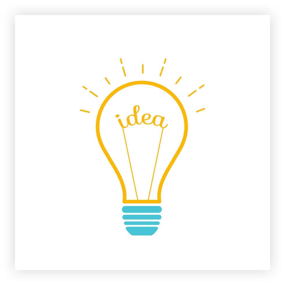Lightbulb creative idea and brainstorm concept illustration. Innovation think process graphic with orange outline and blue silhouette bulb with light and word Idea inside it. vector