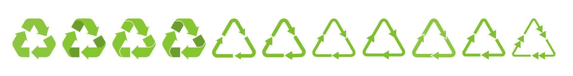 Recycle triangle arrow symbols set illustration. Green solid pictograms of reuse or recycling process, arrow cycle in triangle shape isolated on white background for enviromental infographic vector