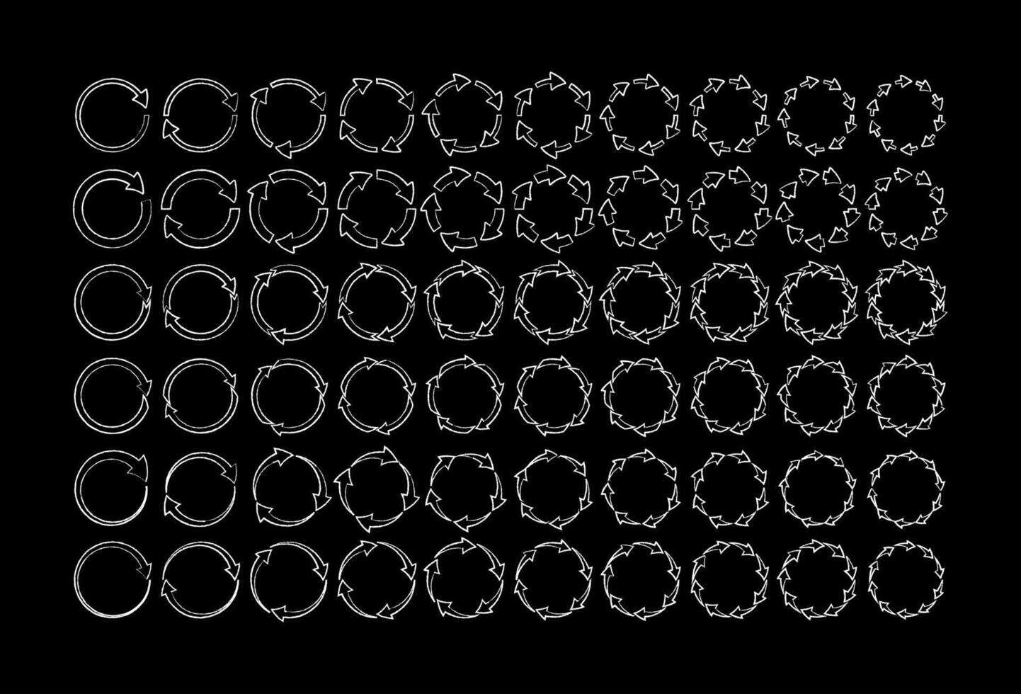 Chalk style circular arrows symbols collection illustration. Reuse or process icon, reset or process pictogram, chalked sketch arrows set isolated on blackboard for presentation or infographic vector