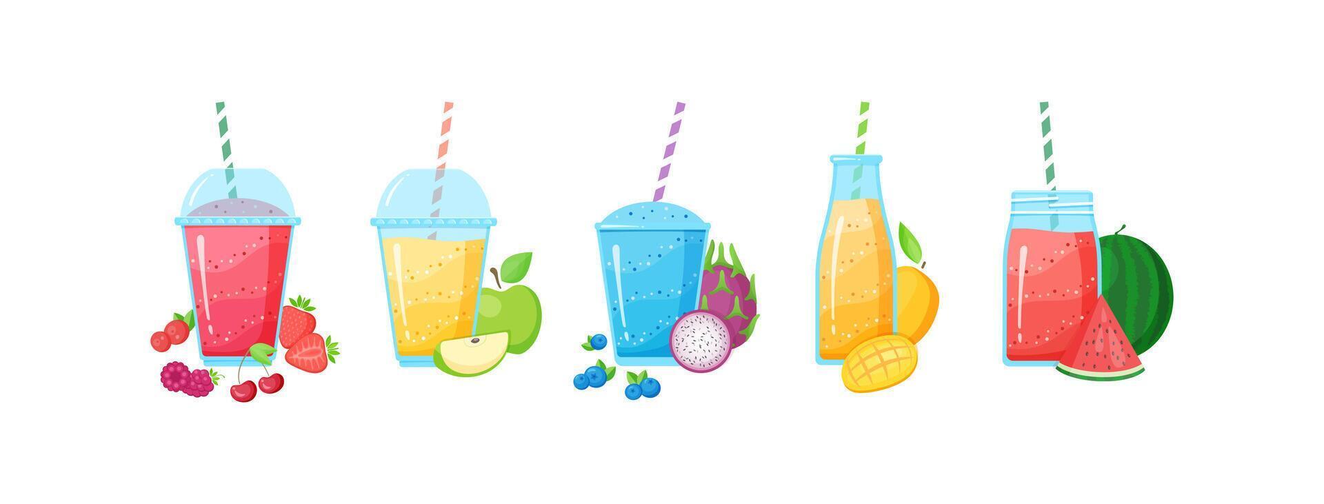 Healthy diet raw fruit smoothie drink collection vector