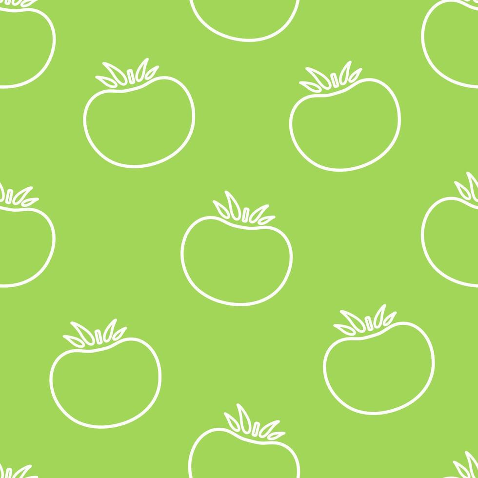 Tomato contour vegetable seamless pattern flat illustration. Natural food pattern design with outline tomato vegetable seamless texture in white and green color for healthy organic fabric print vector