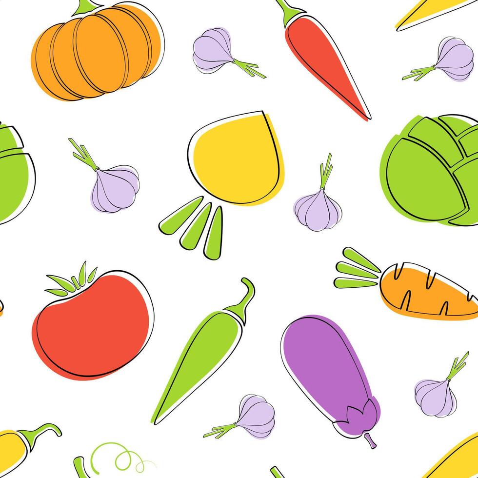 Seamless vegetable pattern flat food illustration. Natural colors pattern design with tomato and pepper, eggplant and carrot, pumpkin and garlic autumn harvest vegetable seamless texture. vector