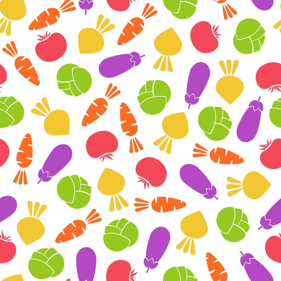 Silhouette seamless vegetable pattern illustration. Modern seamless texture pattern design with tomato, eggpant, carrot and cabbage outline vegetable in natural colors for healthy diet decor vector