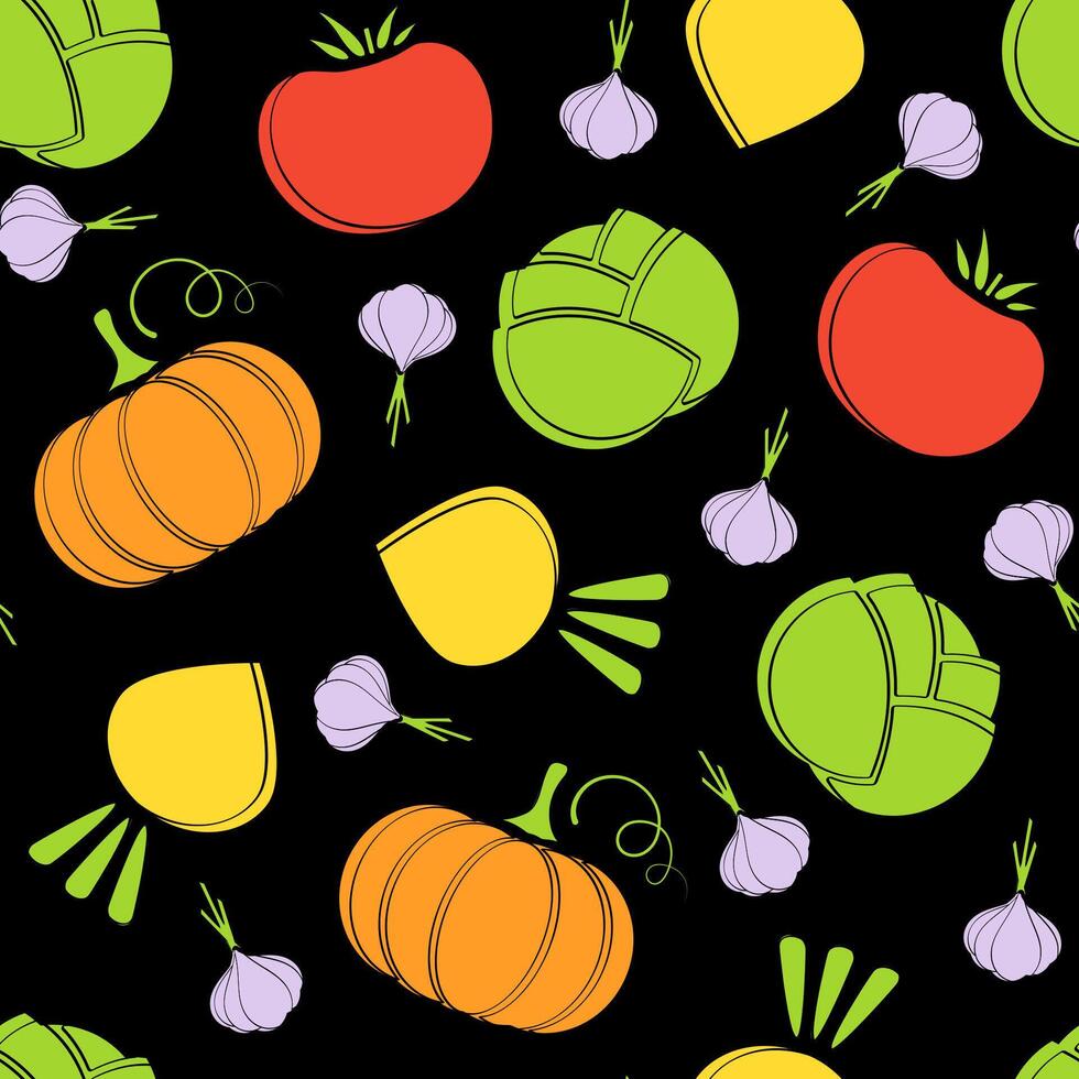 Silhouette seamless vegetable pattern flat illustration. Fresh food black pattern in natural colors with autumn vegetable seamless element for healthy vegetarian menu or organic fabric print vector