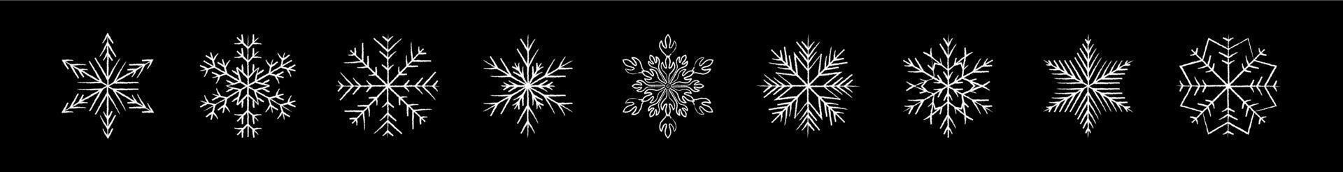 Set of icy snowflakes chalked sketch symbol vector
