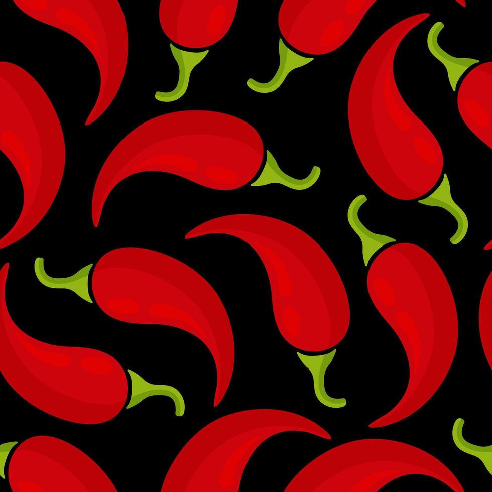 Chilli vegetable seamless background flat illustration. Fresh food background in red and black colors with chilli vegetable seamless element for wrapping paper or restaurant wallpaper vector