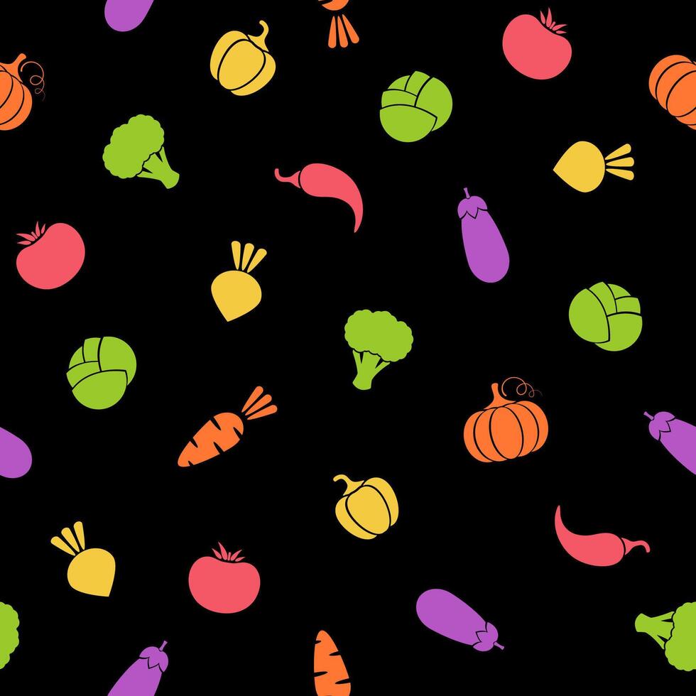 Silhouette vegetable seamless pattern flat illustration. Natural food black pattern design with outline vegetable seamless texture in bright color for organic fabric print or wallpaper template vector