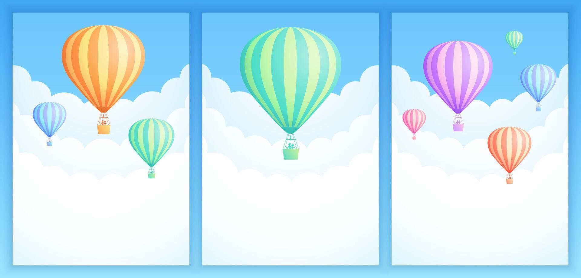 Hot air balloon sky adventure illustration set. White clouds on summer blue sky with colorful stripes hot air balloons for adventure banner or invitation postcard design. Clipping mask applied. vector