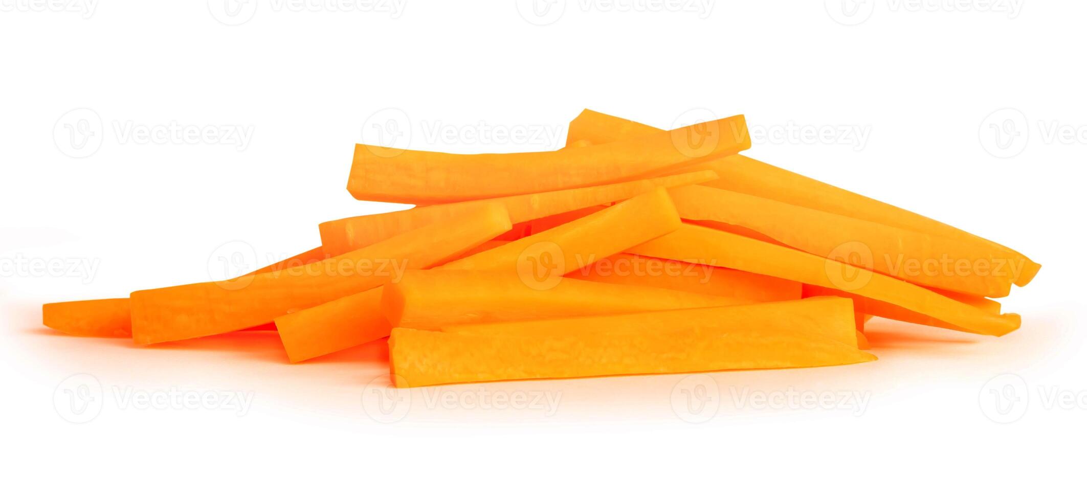 Side view of orange carrot slices in stick shape in stack isolated on white background with clipping path photo