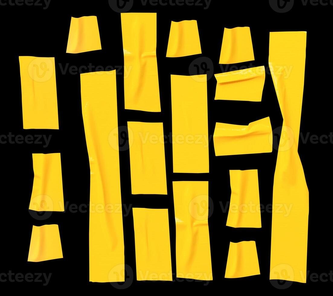 Top view set of wrinkled or crumpled yellow adhesive vinyl tape or cloth tape in stripes shape isolated on black background with clipping path photo