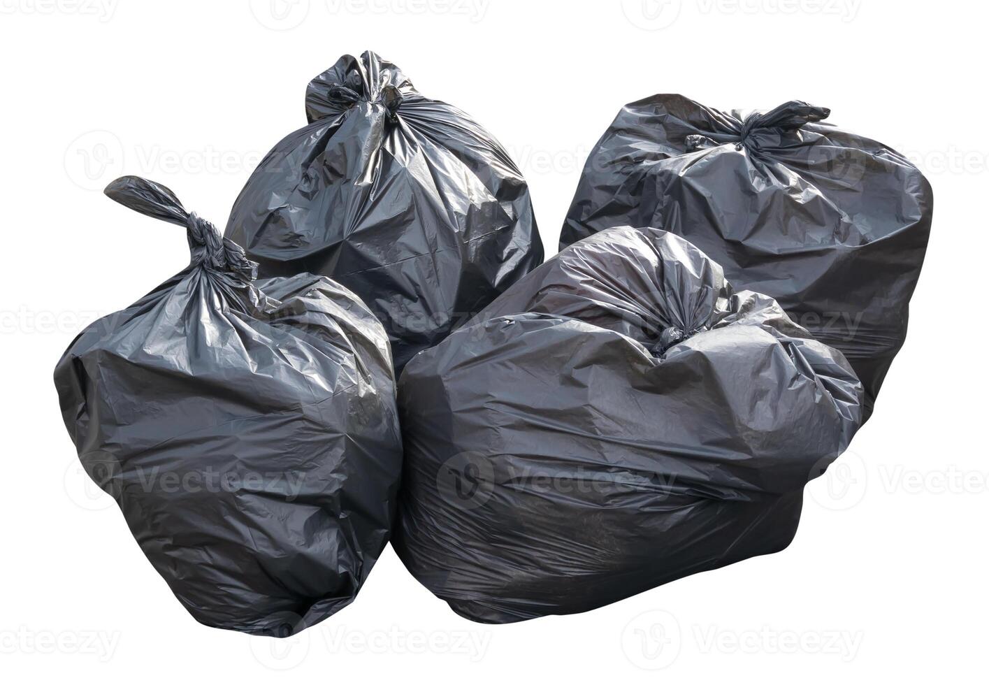 Front view of garbage in black plastic bag at garbage dump isolated on white background with clipping path photo