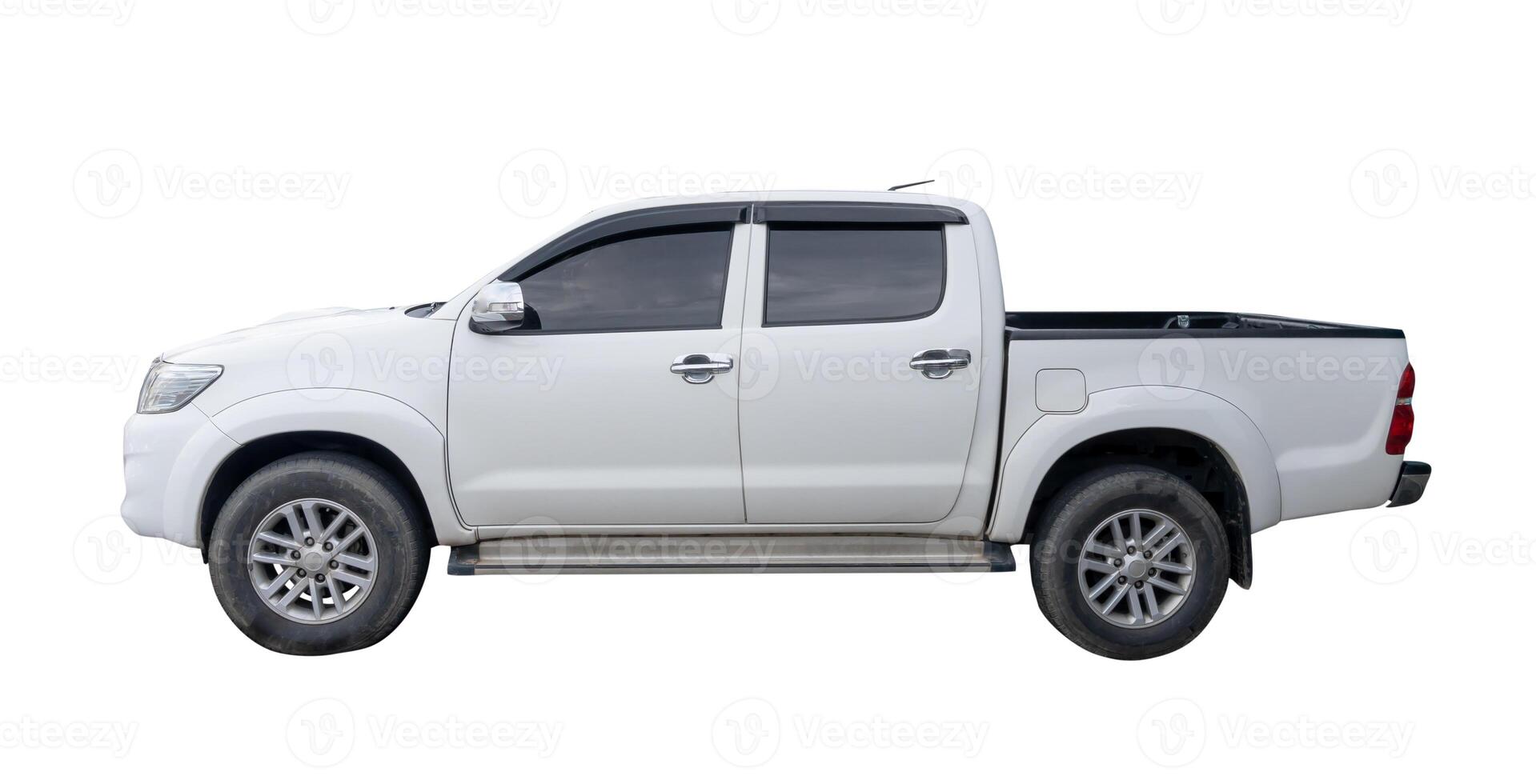 Side view of white pickup truck isolated on white background with clipping path photo