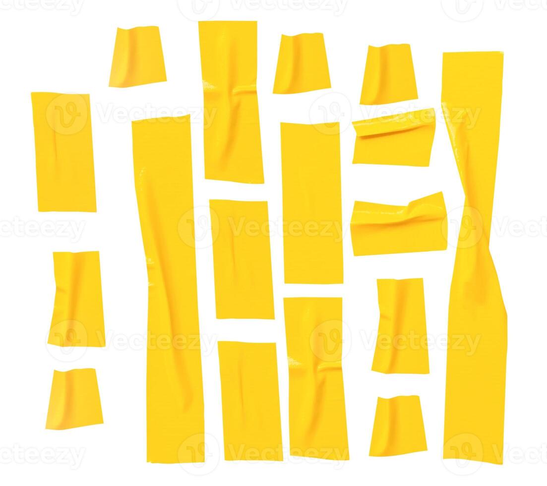 Top view set of wrinkled or crumpled yellow adhesive vinyl tape or cloth tape in stripes shape isolated on white background with clipping path photo