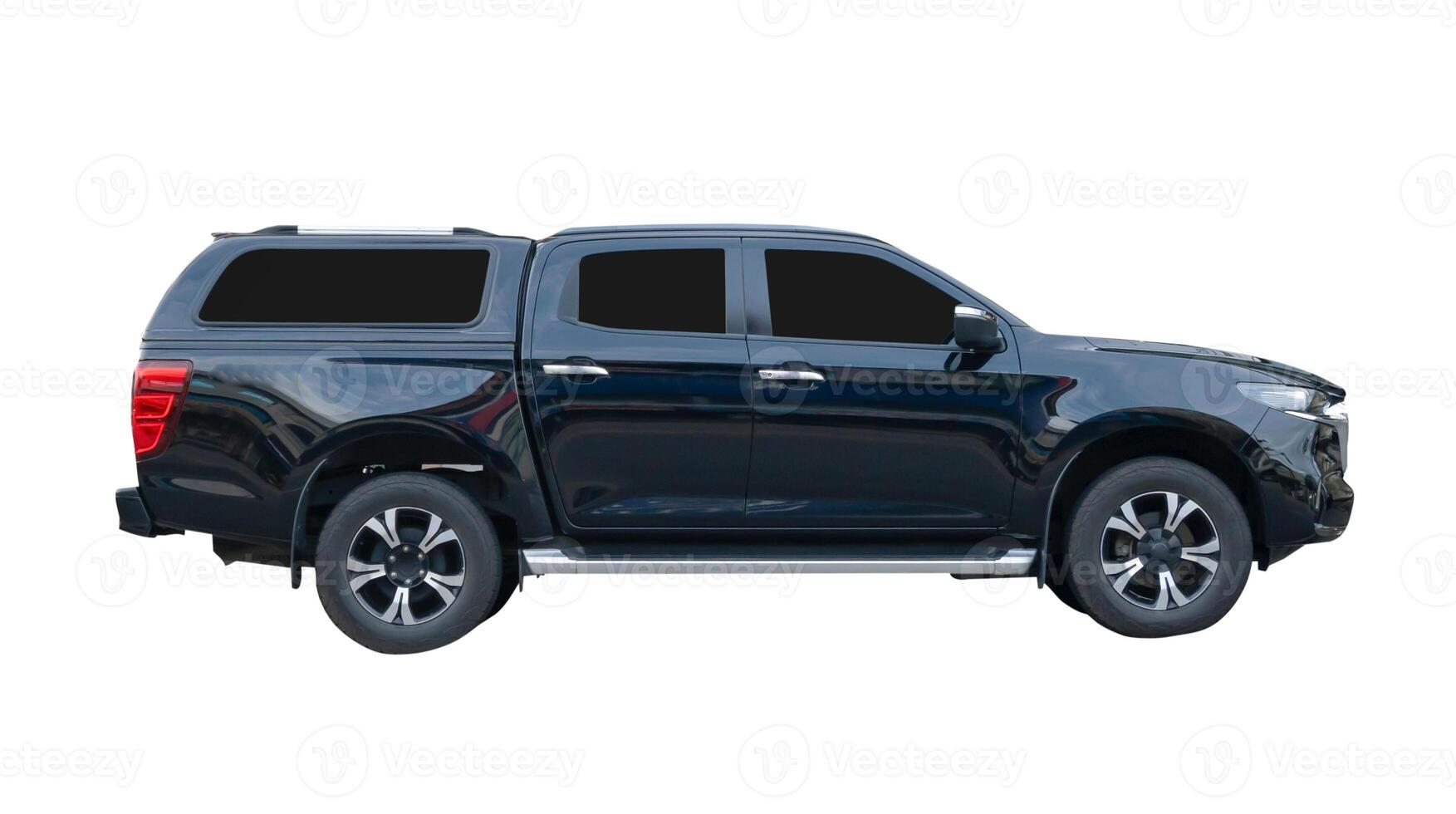 Side view of black pickup truck isolated on white background with clipping path photo