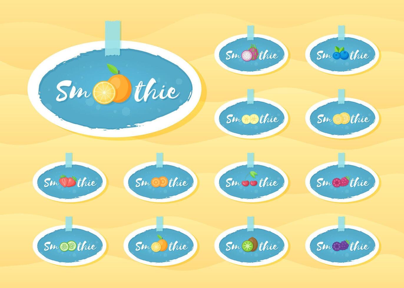 Blue sticker set smoothie fruit shake illustration. Hand drawn sign Smoothie on blue background in white frame on smoothies drink cocktail sticker for offer drawing sign or store promotion art vector