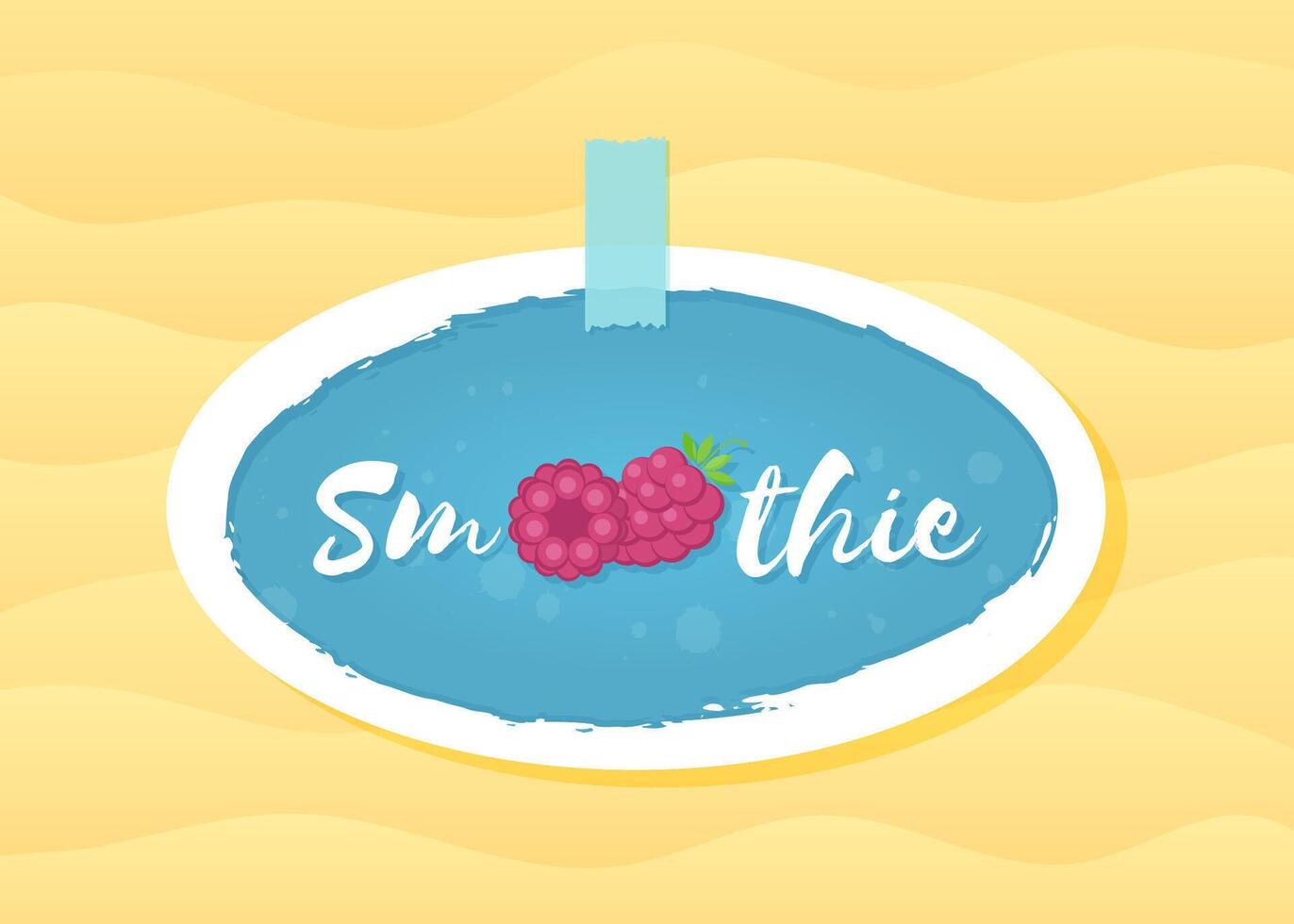 Red raspberry smoothie drink sticker illustration. Tasty natural fruit with hand drawn Smoothie sign in white frame at smoothies cocktail blue round sticker for shop decoration design, vector