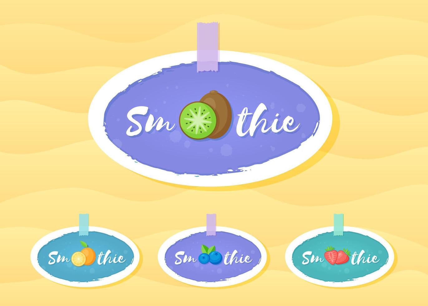Fruit and berry smoothie drink label set illustration. Sign Smoothie on blue background in white hand drawn frame on smoothies cocktail label for decoration shop label or sale offer banner vector