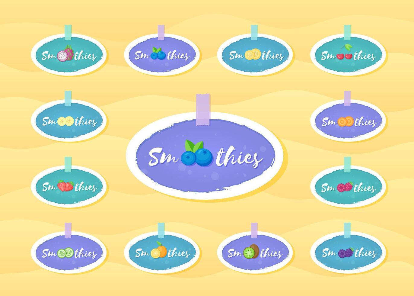 Fruit and berry smoothie shake sticker set illustration. Hand drawn sign Smoothies on blue background on smoothie drink cocktail sticker for decoration shop label or promotion discount concept vector