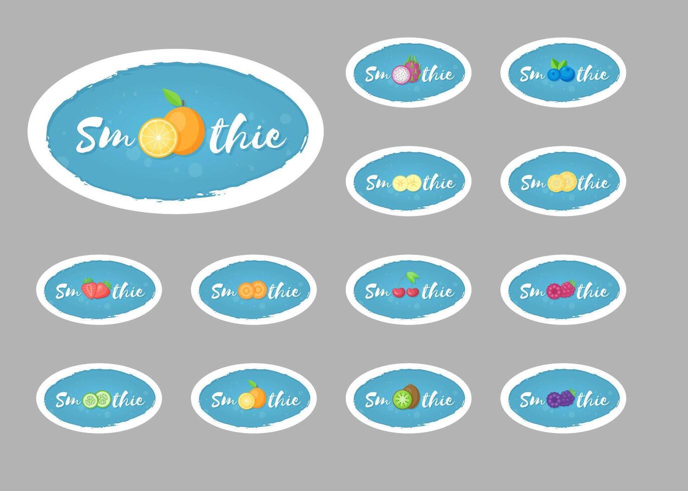Isolated blue label set smoothie fruit shake illustration. Hand drawn sign Smoothie on blue background in white frame on smoothies drink cocktail sticker for shop decoration design vector