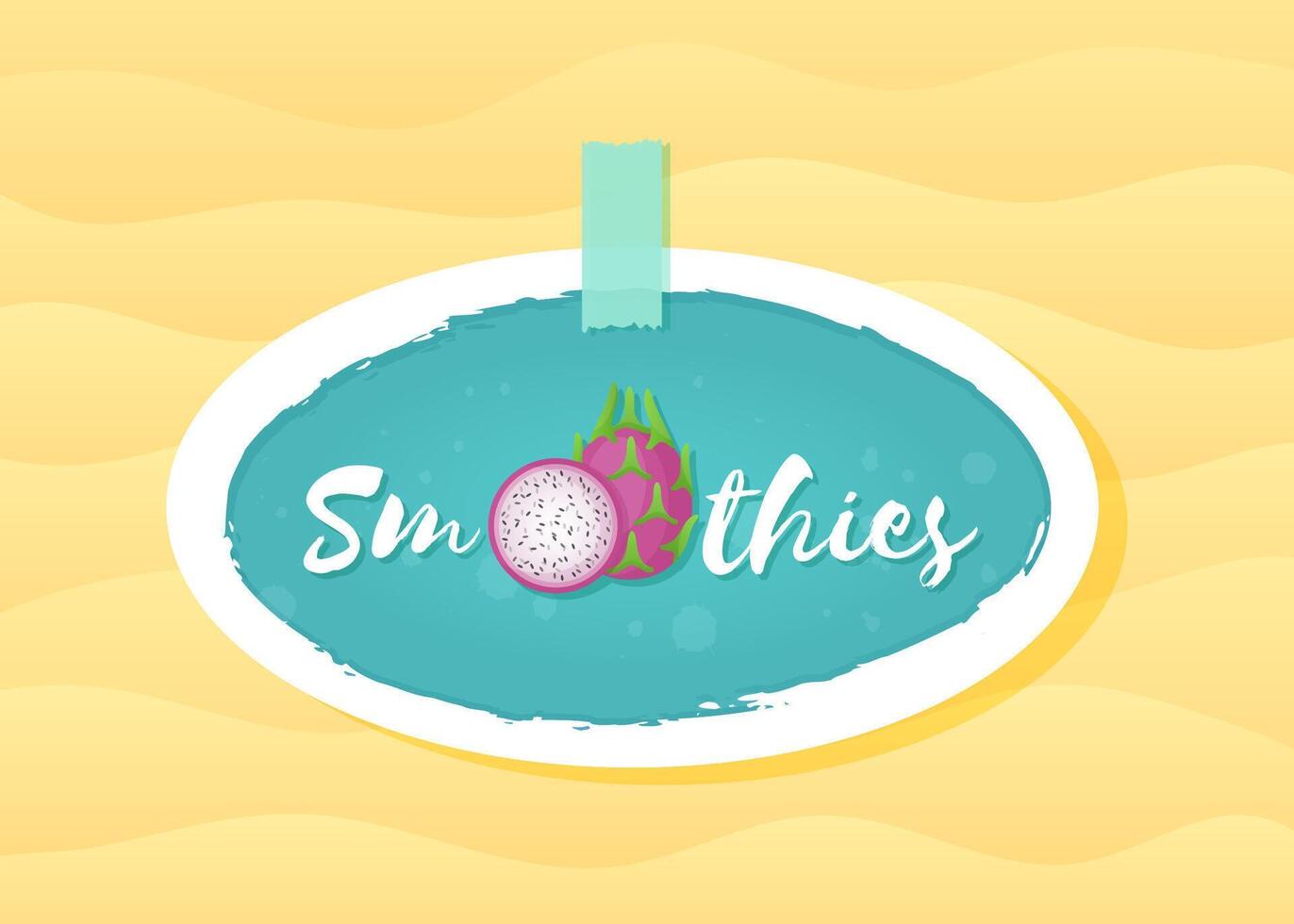 Green label smoothie pitaya fruit shake illustration. Hand drawn sign Smoothie on green background in white frame on smoothies drink cocktail sticker for offer sign or shop decoration design, vector