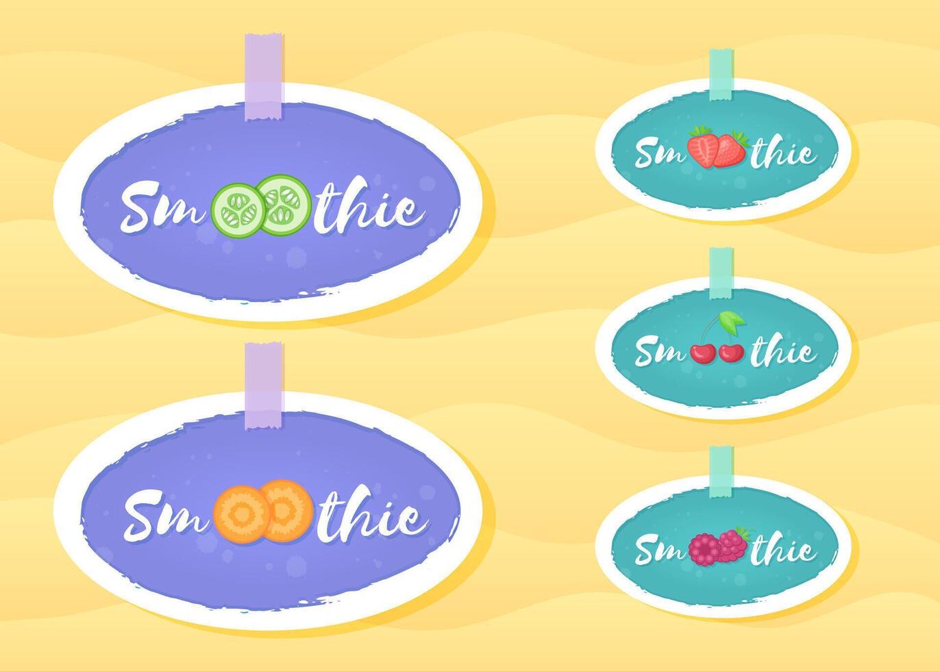 Fruit and berry smoothie drink label set illustration. Tasty natural fruit with Smoothie sign in white frame. Fresh smoothies cocktail round sticker for offer drawing sign or promo label vector