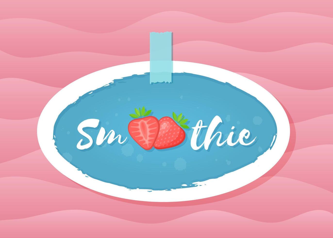 Red smoothie strawberry cocktail sticker illustration. Tasty fruit with hand drawn Smoothie sign in white frame. Fresh smoothies cocktail blue round sticker for decoration shop label design vector