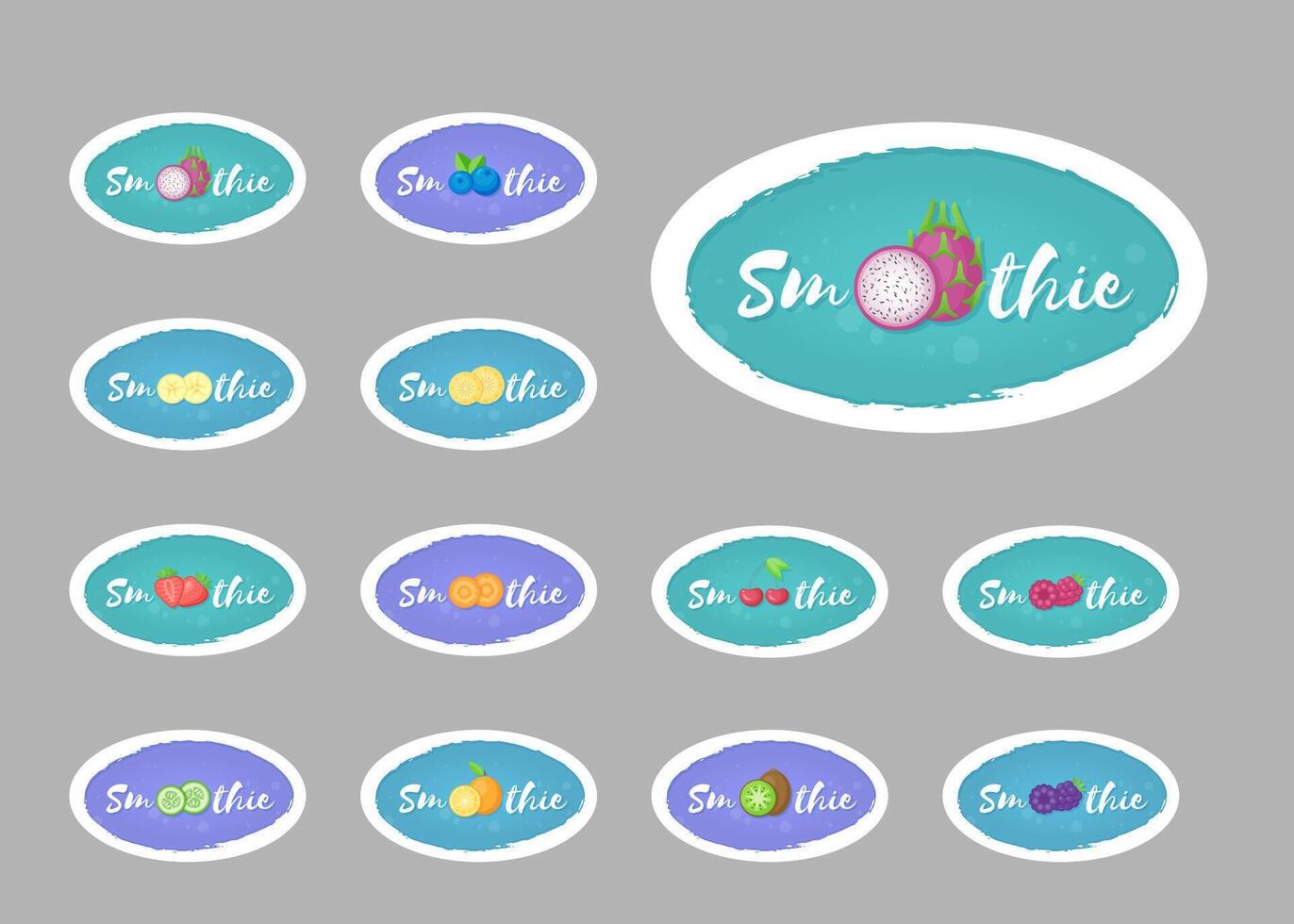 Smoothie label fruit logo set illustration. Natural fruit with Smoothie sign at isolated smoothies cocktail round sticker for decoration emblem, sale offer label or advertising graphic poster vector