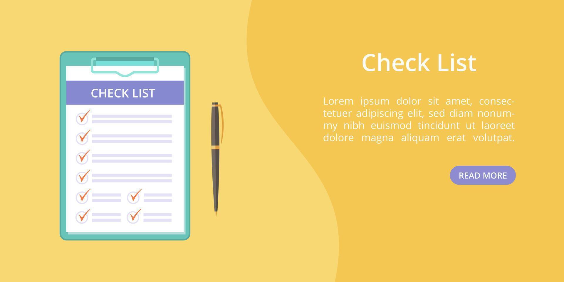 Check list on clipboard with pen landing page concept. Website page template, checklist on board with clip. Online check list service landing concept yellow illustration with pen and clipboard vector