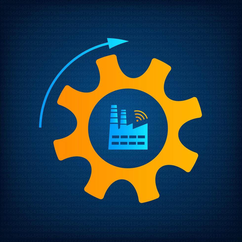 Factory and gear icon industry 4.0 concept illustration. Manufacturing revolution technology graphic with orange cogwheel, blue factory and wireless icon. Smart industry technology background vector