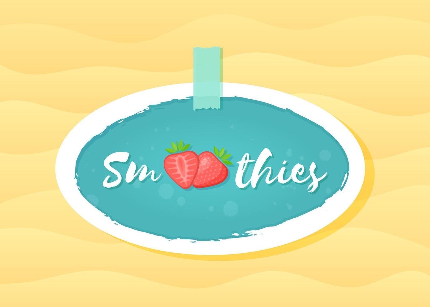 Red strawberry smoothie drink sticker illustration. Natural fruit with Smoothies sign in white frame at smoothie cocktail blue round sticker for store promotion art or shop decoration design, vector