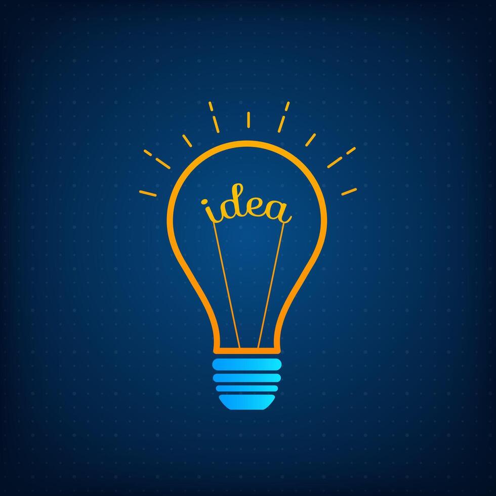 Lightbulb creative idea and brainstorm concept illustration. Innovation think process graphic with orange outline and blue silhouette bulb with light, word Idea and technology background vector