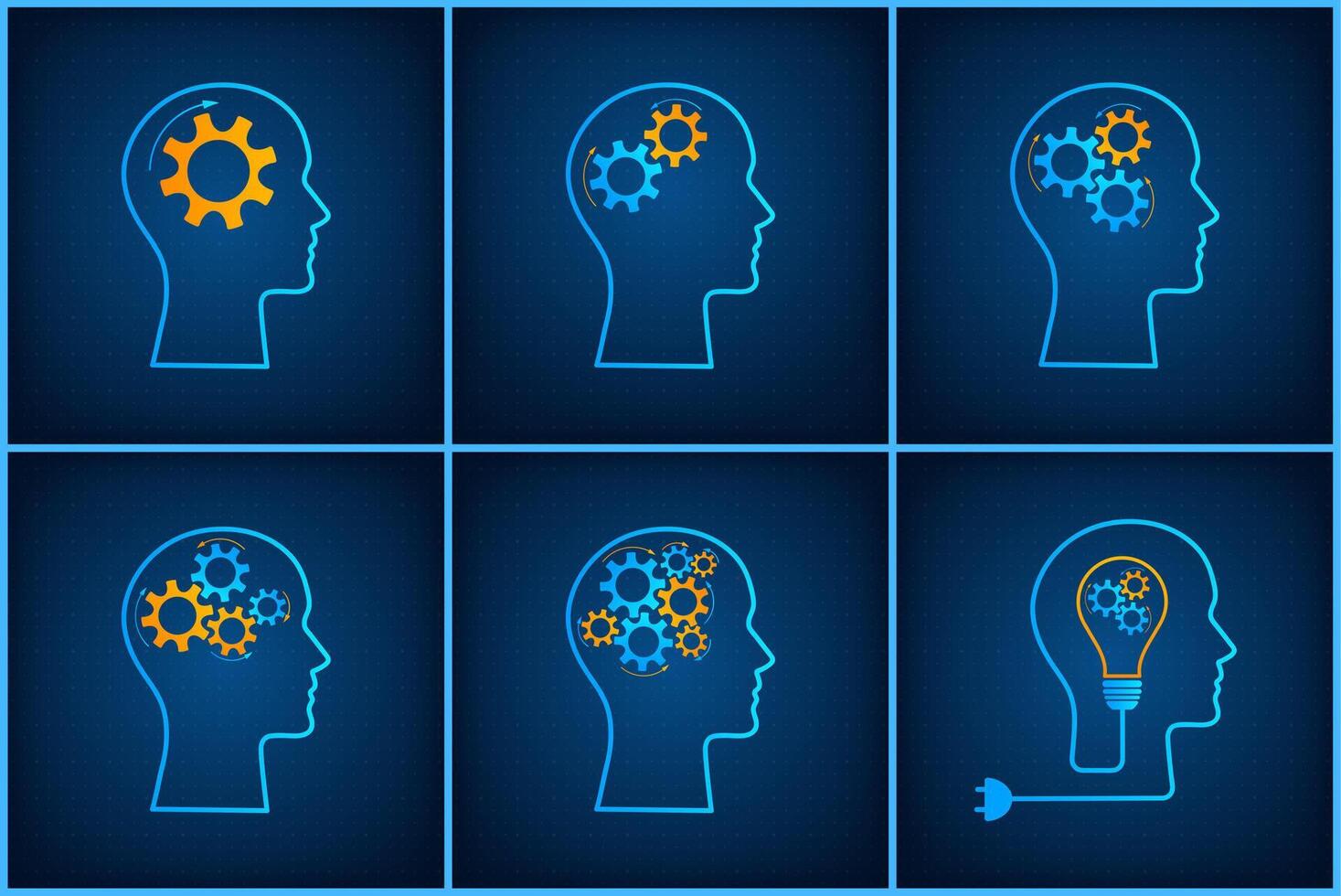 Head silhouette lightbulb inspiration concept set illustration. Creative graphic collection with head profile, gear machine and light bulb. Blue human silhouette technology background concept. vector